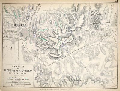 Kaart van de Slag bij Medina de Rio-Seco, uitgegeven door William Blackwood and Sons, Edinburgh en Londen, 1848 door Alexander Keith Johnston